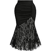GORGLITTER Women's Plus Size Skirts Goth Renaissance Y2K Floral Mesh Ruched Fishtail Asymmetrical BodyconMaxi Skirts