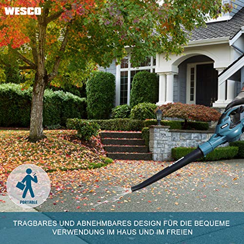 WESCO 18V 2.0Ah Akku Laubbläser, 12500 min-1, 200 km/h Blas-Luftstrom, 1.61kg, mit Akku und Ladgerät, für Garten, Garage und Auto