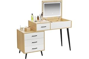 ZenkiHome Dressing Table with Mirror and Lights, 80~120cm Adjustable Width Vanity Desk with Metal Legs, Oak Color