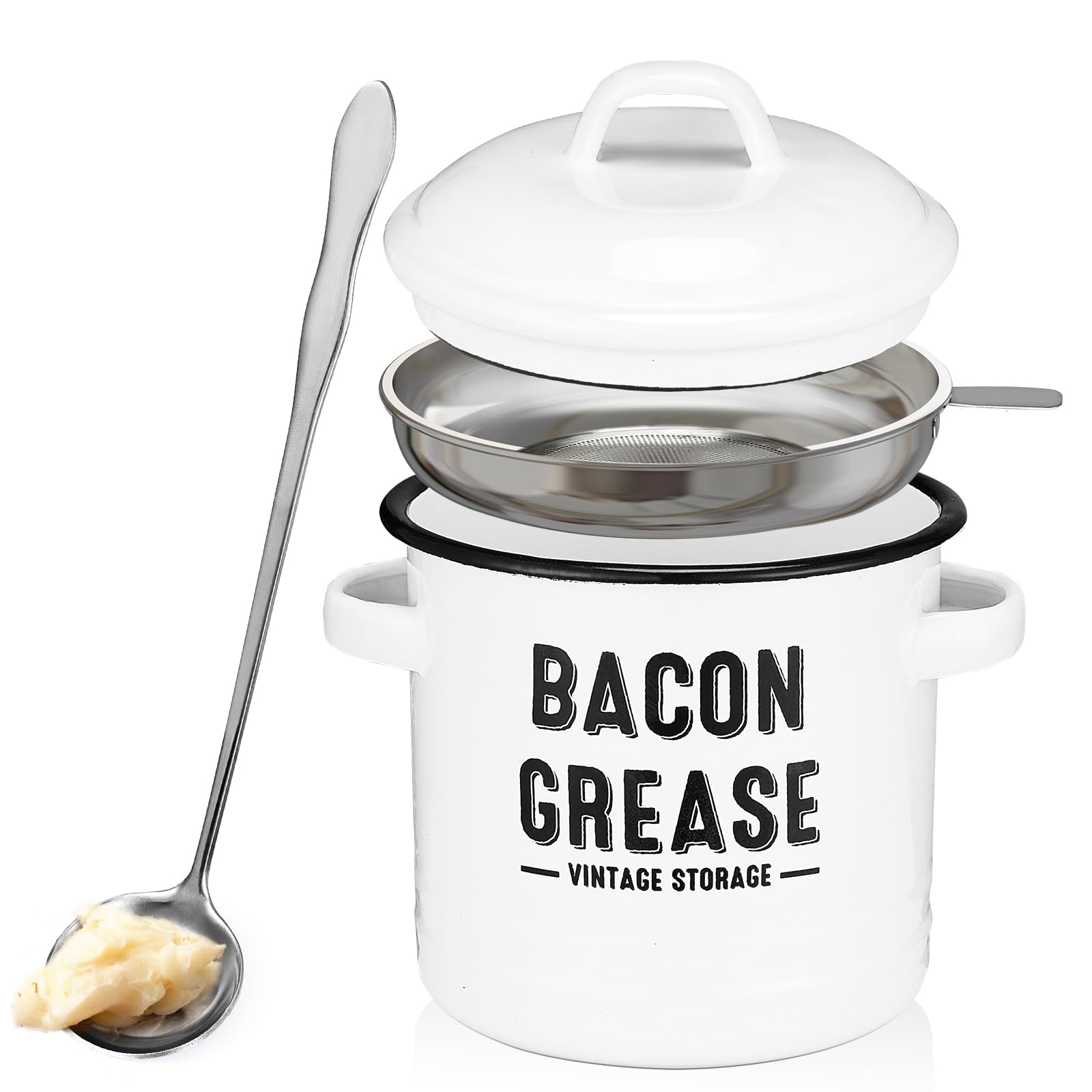 Photo 1 of **MISSING LID** ONEARF Bacon Grease Container with Strainer - Large 46OZ Kitchen Oil Storage Can, Food Bin | Farmhouse Cooking Pot Keeper Collector, Dishwasher Safe-White