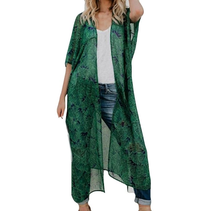 Frauen Mode Drucken Lange Oberteile Strickjacke Strand Bikini Badeanzug Kittel Beiläufig Lange Kimono Weich Dünn Chiffon Stri