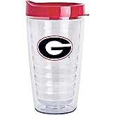 Logo Brands NCAA Georgia Bulldogs 16 oz Double Wall Clear Tumbler – Team Color Slider Lid | Fits Most Cup Holders |Made In The USA | Spill-Resistant Lid | BPA Free