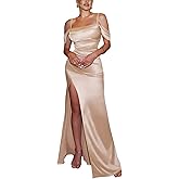 CurvySweet Women's Formal Off The Shoulder Evening Gown Built-in Bra High Slit Ruched Satin Wedding Guest Cocktail Maxi Dress