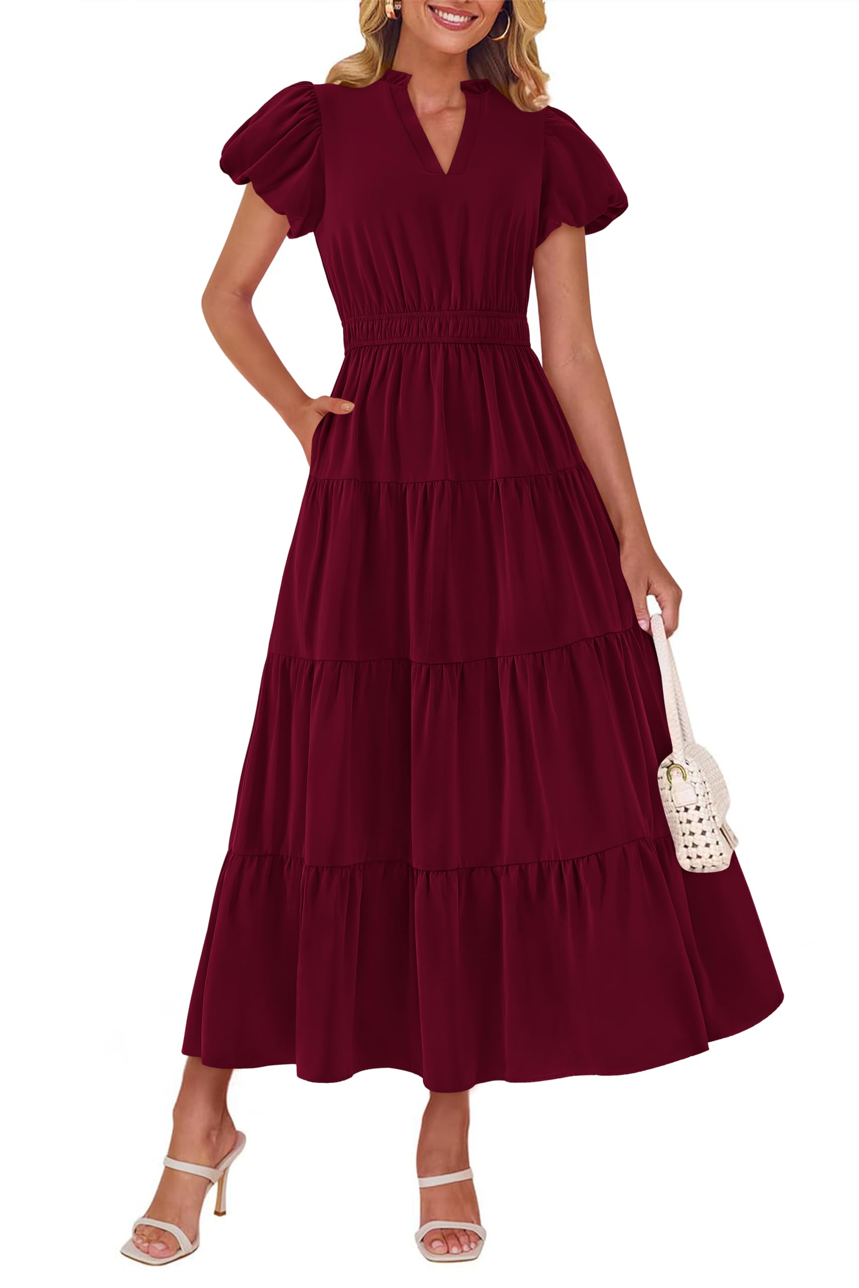 Photo 1 of dowerme Womens Summer Dresses 2025 Casual Puff Sleeve V Neck Smocked Waist A-Line Tiered Maxi Prom Dress with Pockets(Wine Red,X-Large)