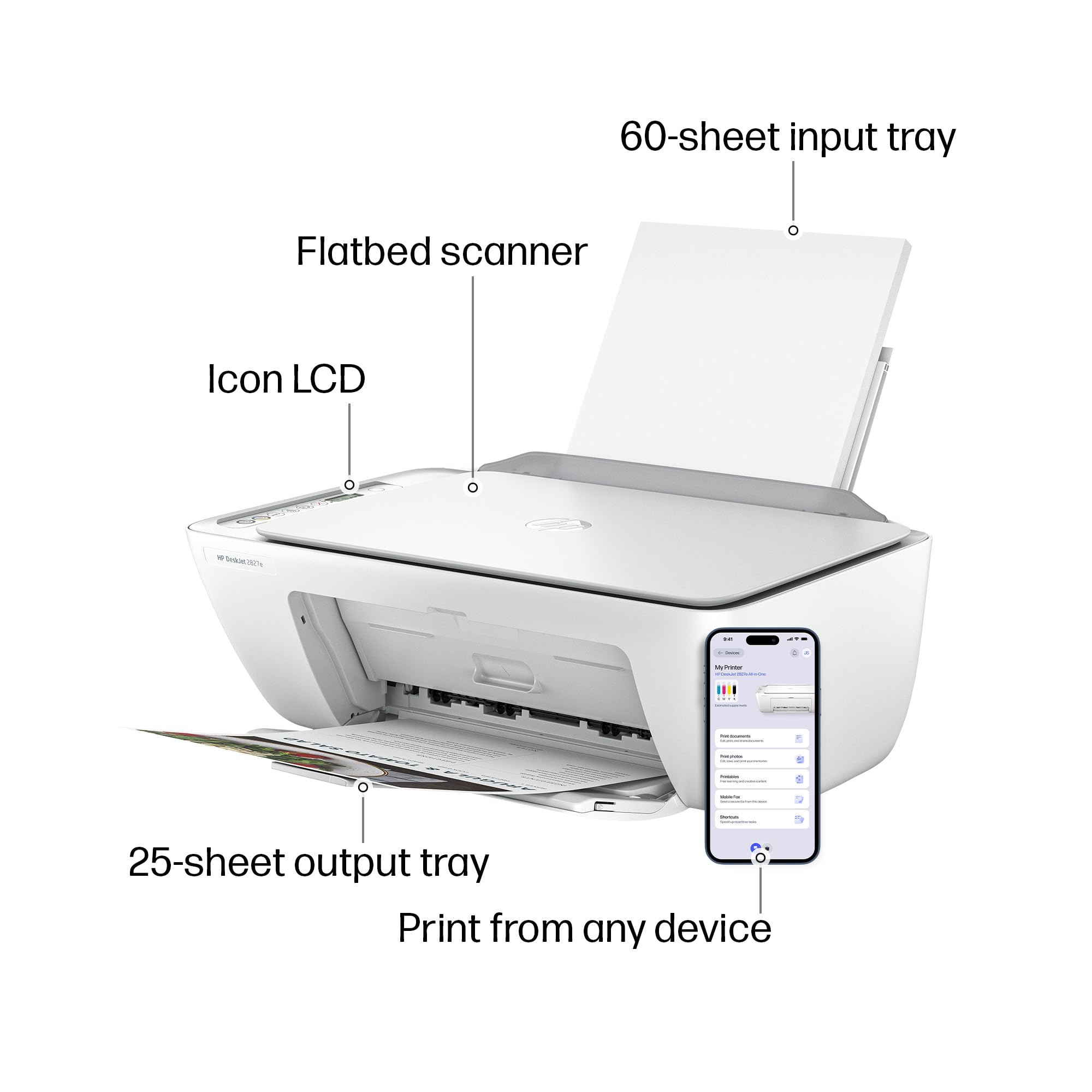HP DeskJet 2827e Wireless All-in-One Color Inkjet Printer, Scanner, Copier, Best-for-Home, 3 Month Instant Ink Trial Included, AI-Enabled (6W7F5A)