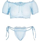 Vicarly Sexy Ruched Stretch Tie Polka Dots Mesh Sheer Lingerie Set 2 Piece