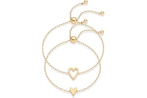 PAVOI 14K Gold Plated Matching Heart Charms Solitaire Bracelet Set for Women | Adjustable Love Friendship Two Bracelet Pack
