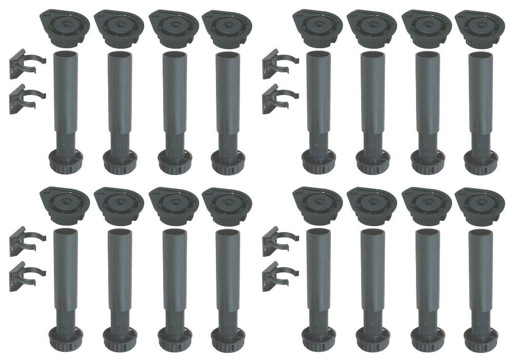 Adjustable Height 150 to 180 mm Plastic Cabinet Cupboard Plinth Foot Leg Set + Clips for Kitchen or Bathroom – 4 Pack x4