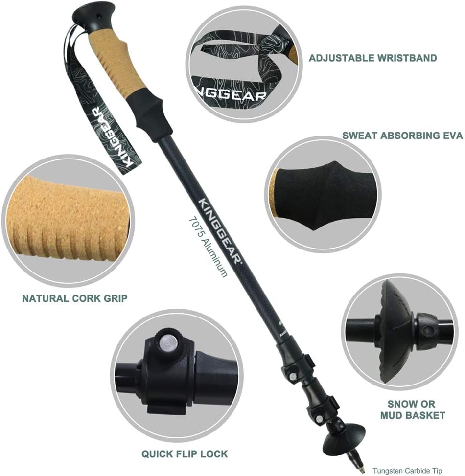 KINGGEAR Trekking Poles, Collapsible Adjustable Walking Sticks, Lightweight 7075 Aluminum, Quick Flip Lock, Anti-Sweat Cork, Tungsten Tips for Hiking, Nordic Walking and Cross Trekking(Black) : Sports & Outdoors