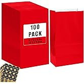 Bakepacker 100 Pcs Red Treat Paper Bags with 100 Stickers 5.1"x3.1"x9.4" Small Party Gift Bag Snack Bag without Handle