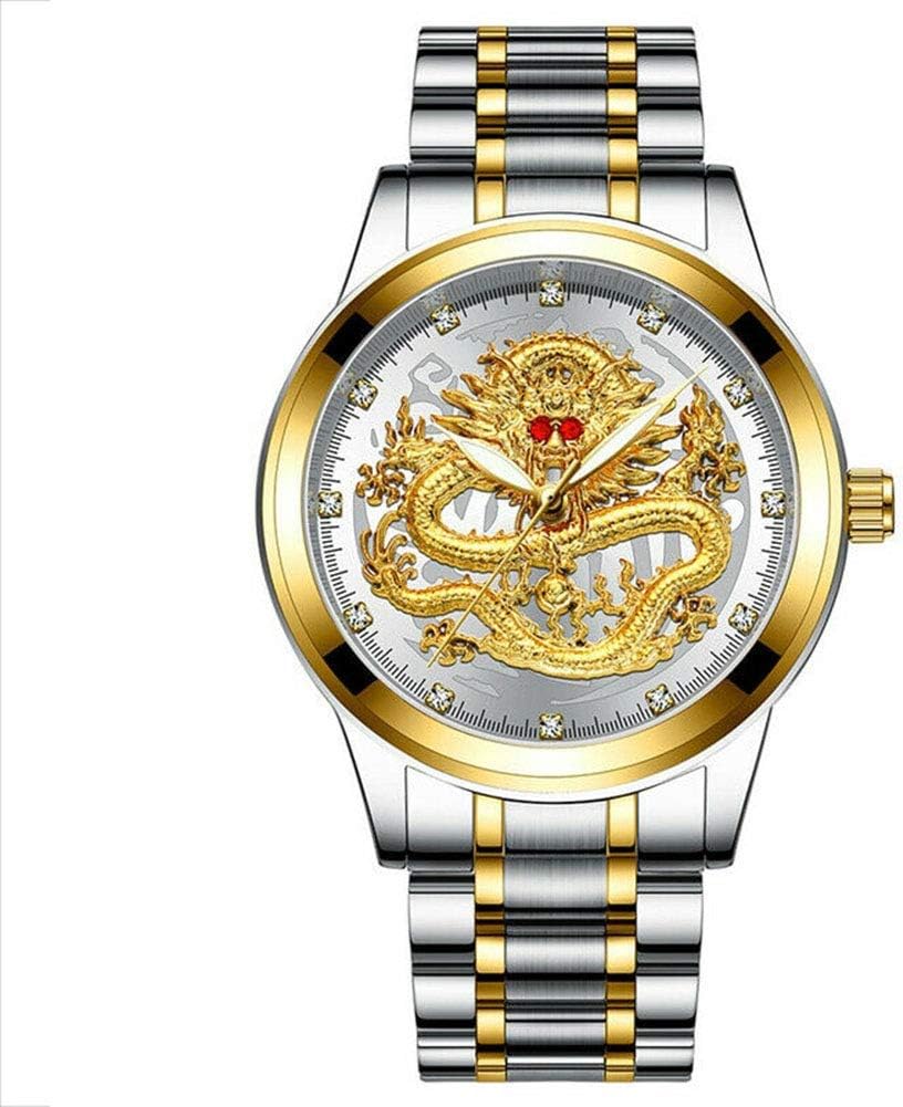 Restarty Men Waterproof Luminous Mechanical Watch Luxury Gold Dragon Dial with Steel Leather Strap