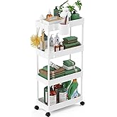 LEHOM Slim Rolling Storage Cart - 4 Tiers Bathroom Organizer Utility Cart Slide Out Storage Shelves Mobile Shelving Unit for Kitchen, Bedroom, Office, Laundry Room, Small Narrow Spaces (7.1" W+White)