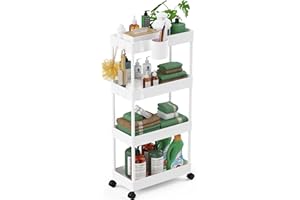 LEHOM Slim Rolling Storage Cart - 4 Tiers Bathroom Organizer Utility Cart Slide Out Storage Shelves Mobile Shelving Unit for Kitchen, Bedroom, Office, Laundry Room, Small Narrow Spaces (Pear White)