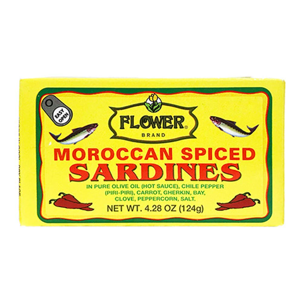 Flower Brand Spiced Sardines (Olive Oil) 4.38 oz Morocco Wild Sardines Canned Sardines, High Protein Food, Keto Food, Keto Snacks, Gluten Free Food, Canned Food Bulk Sardines in Oil (Pack of 5)