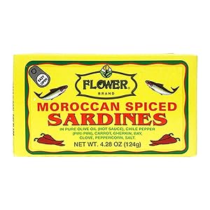 Flower Brand Spiced Sardines (Olive Oil) 4.38 oz Morocco Wild Sardines Canned Sardines, High Protein Food, Keto Food, Keto Snacks, Gluten Free Food, Canned Food Bulk Sardines in Oil (Pack of 5)