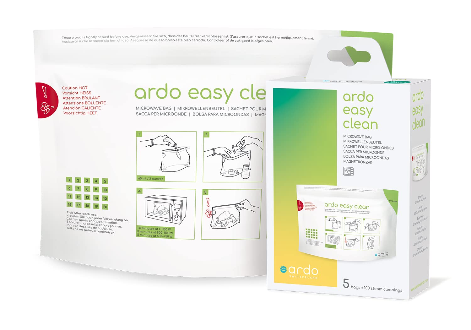 ARDO Easy Clean Microwave Bottle Steriliser Bag. Fast, Easy Cleaning of Breast Pump Parts & Accessories. Reusable Steam Sterilising Bags for Travel & Home.