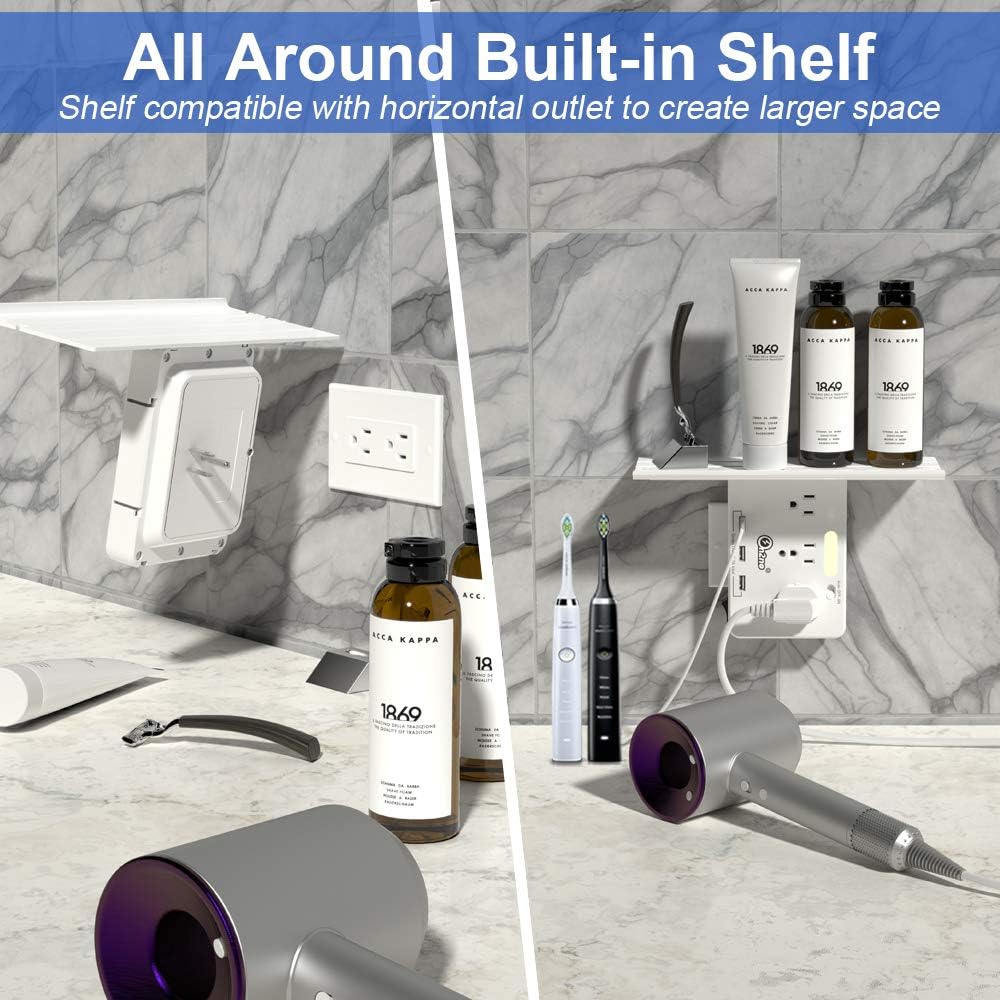 Outlet Shelf -ON2NO Wall Outlet Extender with All Around Built-in Shelf, Multi Plug Outlet Surge Protector with Smart Night Light, 3 USB Charging Ports, 3AC Power Outlet Splitter - - 