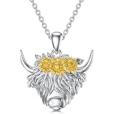 MEIDERBO Highland Cow Gifts for Women 925 Sterling Silver Highland Cow Birthstone Necklace Fluffy Cow Jewelry Gifts Birthday Christmas