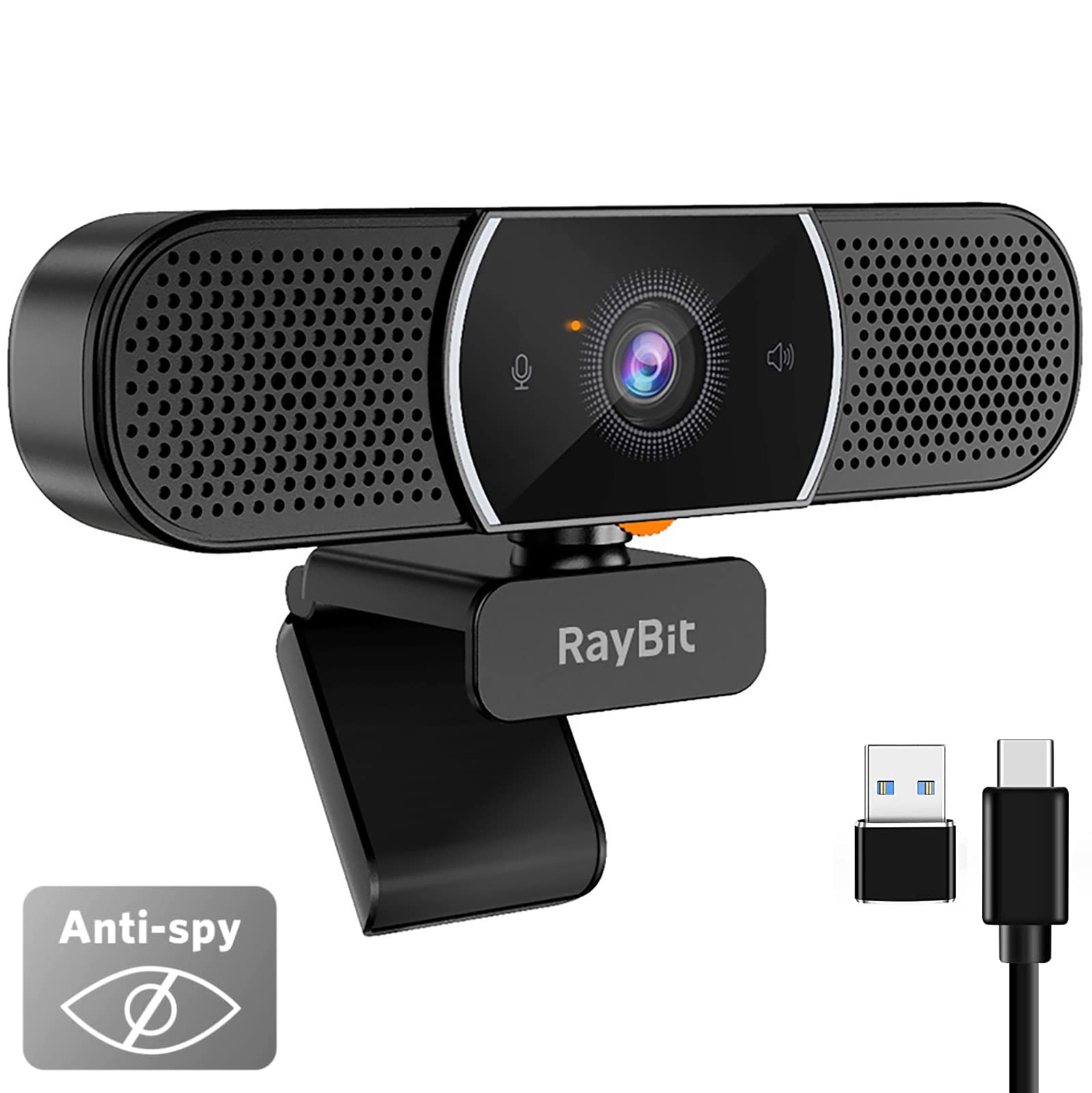 RayBit 3 in 1 Webcam - 2K HD USB C Webcam with Microphone, Speaker and Privacy Cover, Noise Reduction & Stereo Sound, Autofocus Conference Web Camera for Computer/PC/Desktop/Laptop/Zoom/Skype/Teams