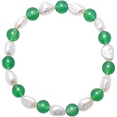 Freshwater Cultured Pearls Spaced Green Agate Stretch Bracelet for Women