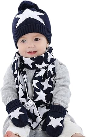 Frbelle 100 Coton Enfant Chapeau Bonnet Chaud Echarpe Gants Tricot Ensemble Set De 3 Pieces Beanie Crochet Etoile Bleu Pour Hiver Bebe Fille Garcon 1 2 3 4 Ans Amazon Co Uk Baby