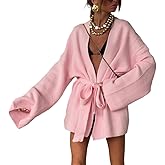 LKOUS Women's Long Sleeve Lightweight Soft Sweater V Neck Lace Up Waist Open Front Solid Knit Cardiagns with Belt