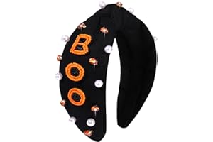 CEALXHENY Women's Beaded Embellished Rhinestone Pearl Top Knot Hair Accessory for Halloween Costume Party (Orange Boo Headband)