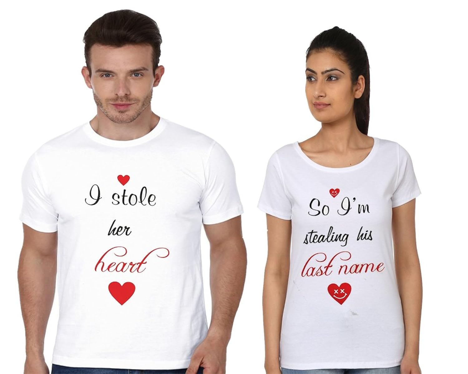 adyk cotton couple t-shirts i stole her heart so i am stealing his last name - pack of 2 (white)