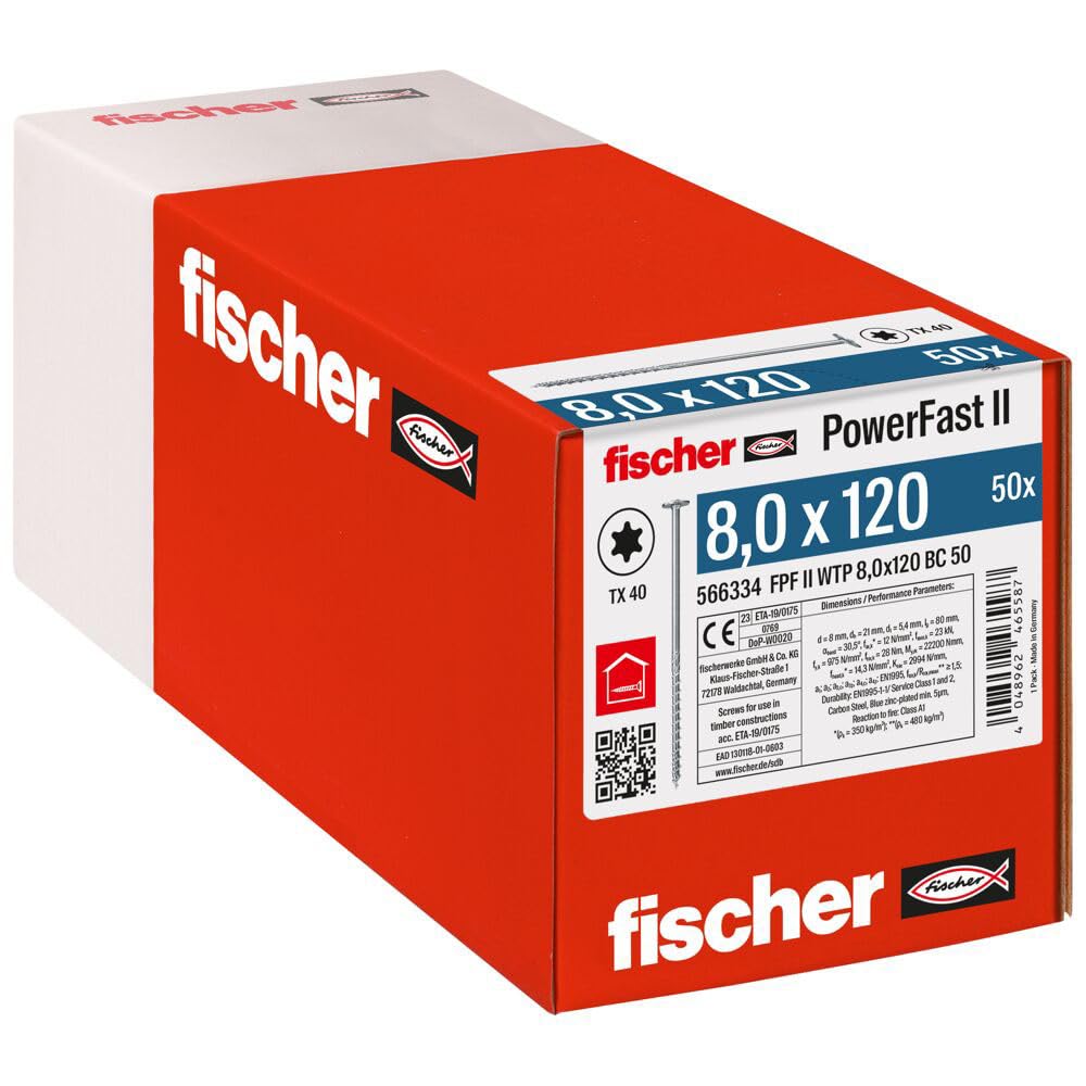 fischer PowerFast II WTP 8.0 x 120, Powerful Wood Screws with Flat Head, Inner Star Receptacle and Partial Thread, for Structural Wood Construction, Pack of 50