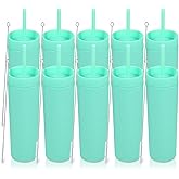 Volhoply 16oz Plastic Skinny Tumbler with Lid and Straw Bulk 10 Pack,Insulated Double Wall BPA Free Matte Acrylic Tumblers,Iced Coffee Travel Reusable Party Cup,Customizable Diy Gifts(Green,10 Set)