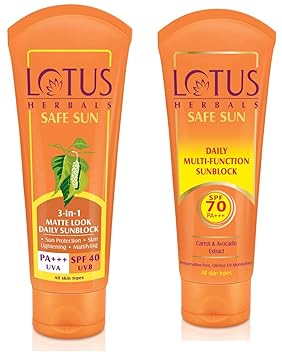 Lotus Herbals Safe Sun 3-In-1 Matte Look Daily Sunblock, SPF 40, 100g & Herbals Safe Sun Daily Multi Function Sunblock SPF-70, 60g Combo