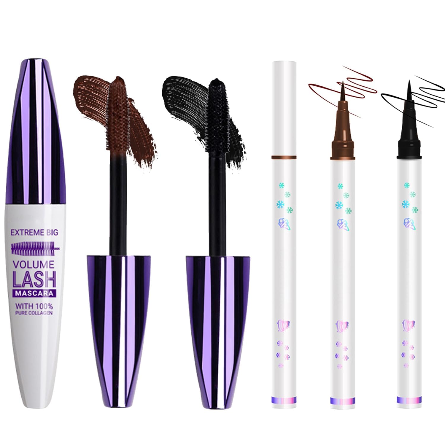 Extreme Big Volume Lash Mascara And Eyeliner Set With 100% Pure Collagen - Waterproof Dark Brown Eye Makeup For Dramatic Lashes And Precise Lining, Formula, Gentle Smudge-Proof Application