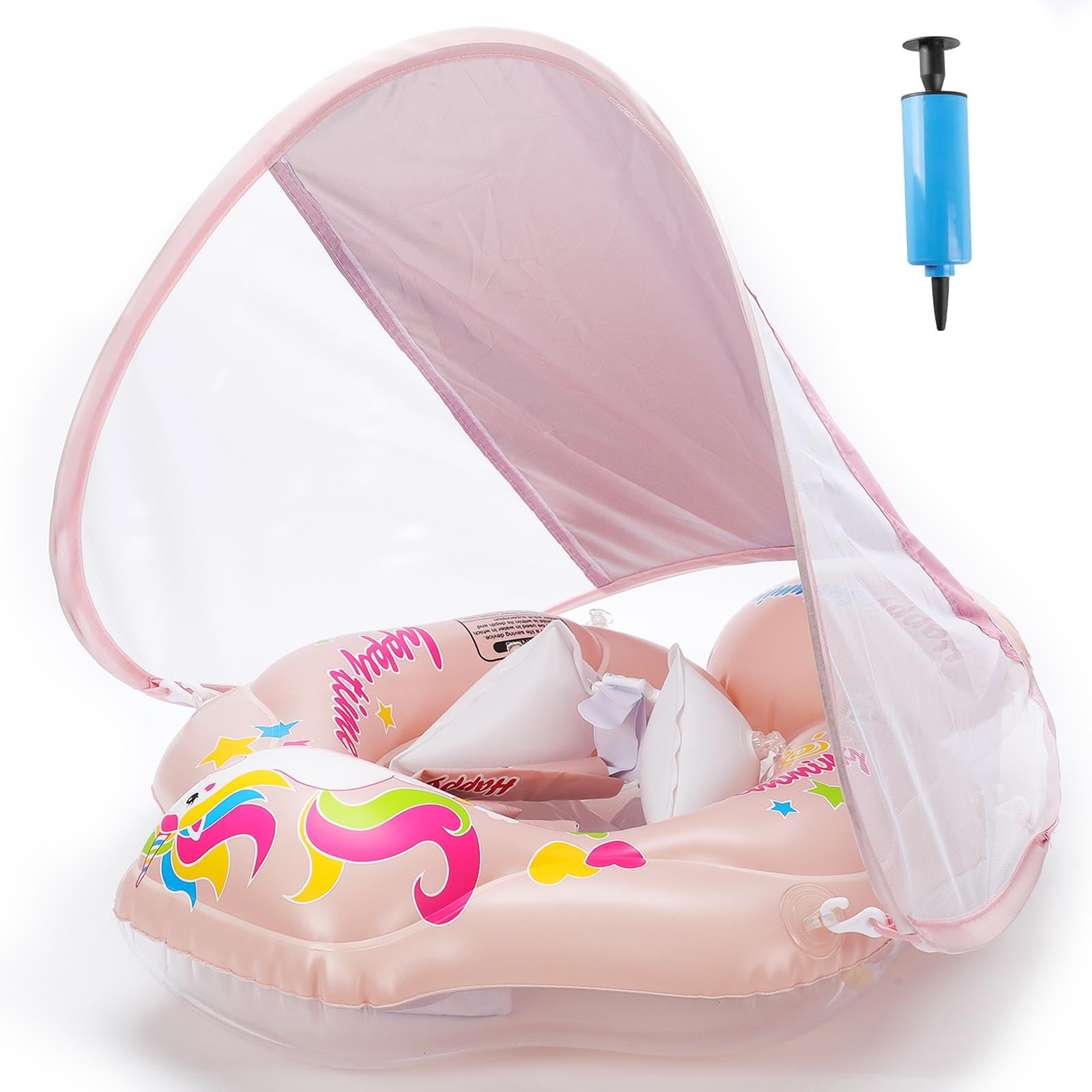 Busdeals Inflatable Baby Swimming Float, Baby Swimming Ring with Removable Sun Protection Canopy and Manual Pump, Baby Pool Float Inflatable Training Toy for 6-30 Months Infant Toddler(Pink)