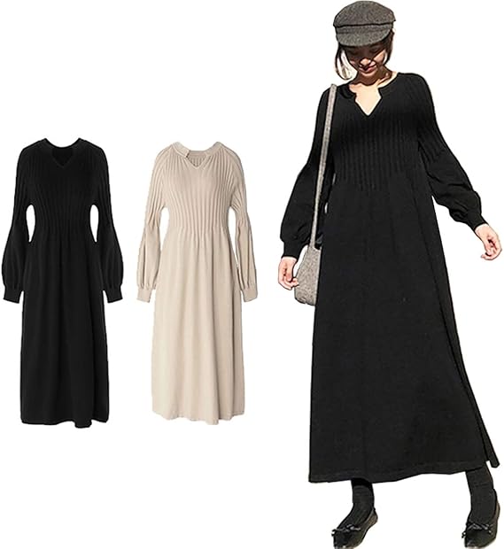 Amazon Olrik ワンピース ニット セーター レディース 長袖 カジュアル ロング 上品 着痩せ Vネック ワンピース チュニック 通販