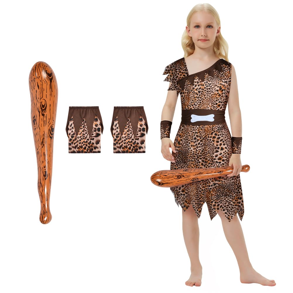 AYBUY Kids Caveman Costume - Girls Stone Age Themed Costume, Wild Cave Girl Outfit, Leopard Print Robe, Brown Belt, Headscarf, Cuffs, Inflatable Stick - 9-10 yr (L) — image 1