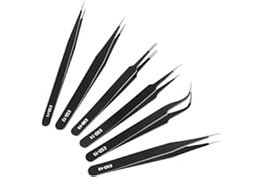 6-Piece ESD Safe Tweezers Set, Anti-Static Stainless Steel Precision Tweezers for Electronics, PCB Repair, Jewelry Making & L