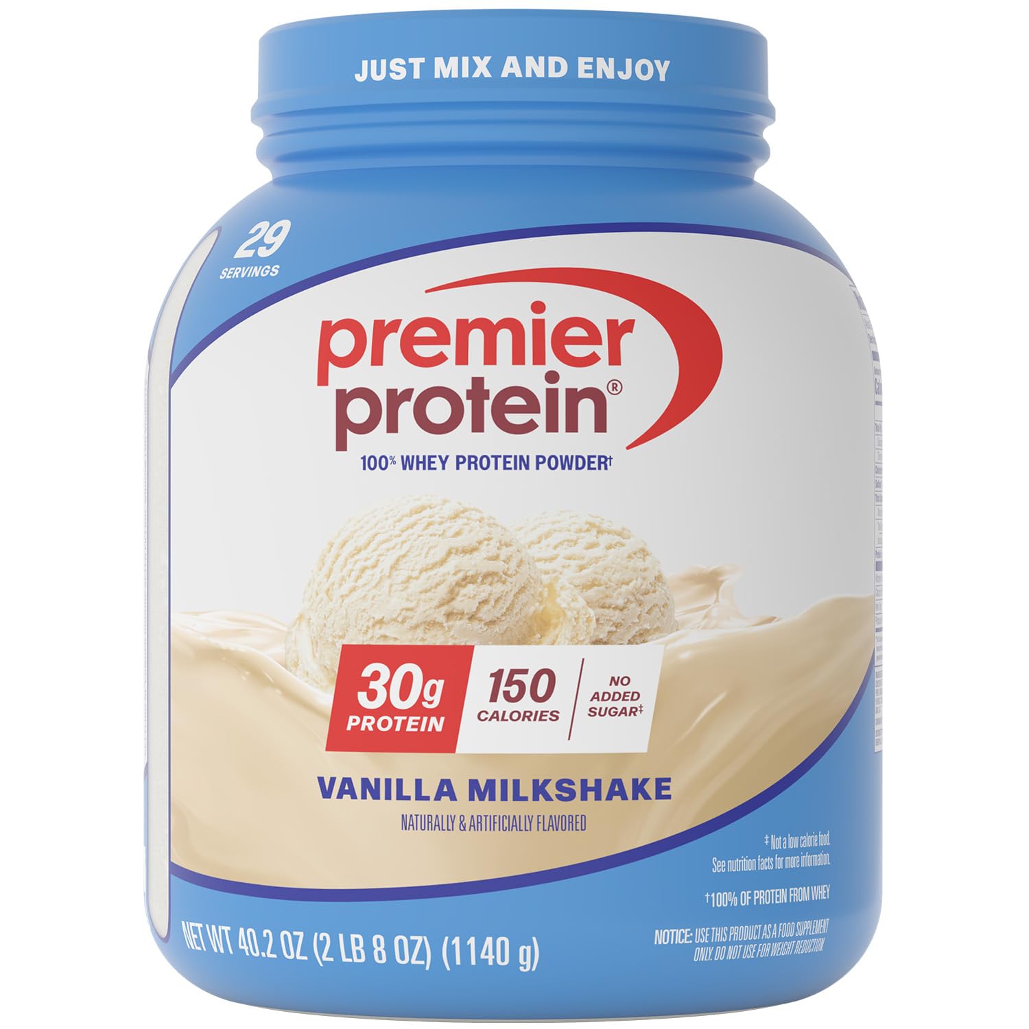 Premier Protein Powder, Vanilla Milkshake, 30g Protein, 1g Sugar, Gluten Free, No Soy, 40.2 oz, 29 Servings (Packaging May Vary) Image