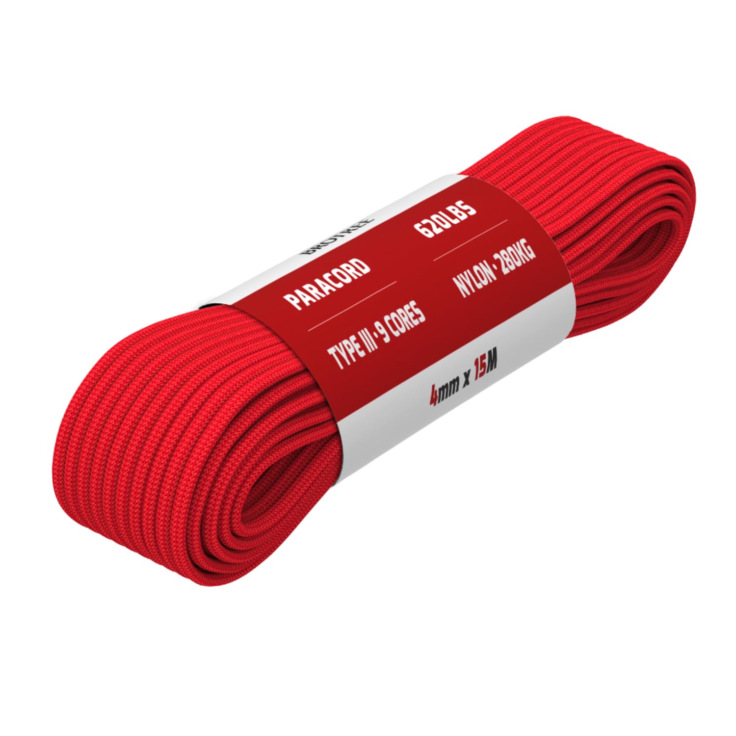 Brotree Paracord 4mm 15M 9 Strands 100% Nylon Rope Type 3 Parachute Cord for Outdoor, Bracelet, DIY - 280kg Breaking Load (Red)