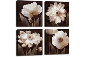 MOYEDECOR ART Canvas Wall Art Contemporary Canvas Art White Flowers Painting Pictures for Living Room Home Decor - 4 Panels Framed Wall Art Brown Floral Poster Canvas Prints for Bedroom Decor 16 x16 inch 4pcs/set