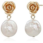 Handmade Freshwater Cultured Pearl Rose Flower Dangling Drop Earrings for Women