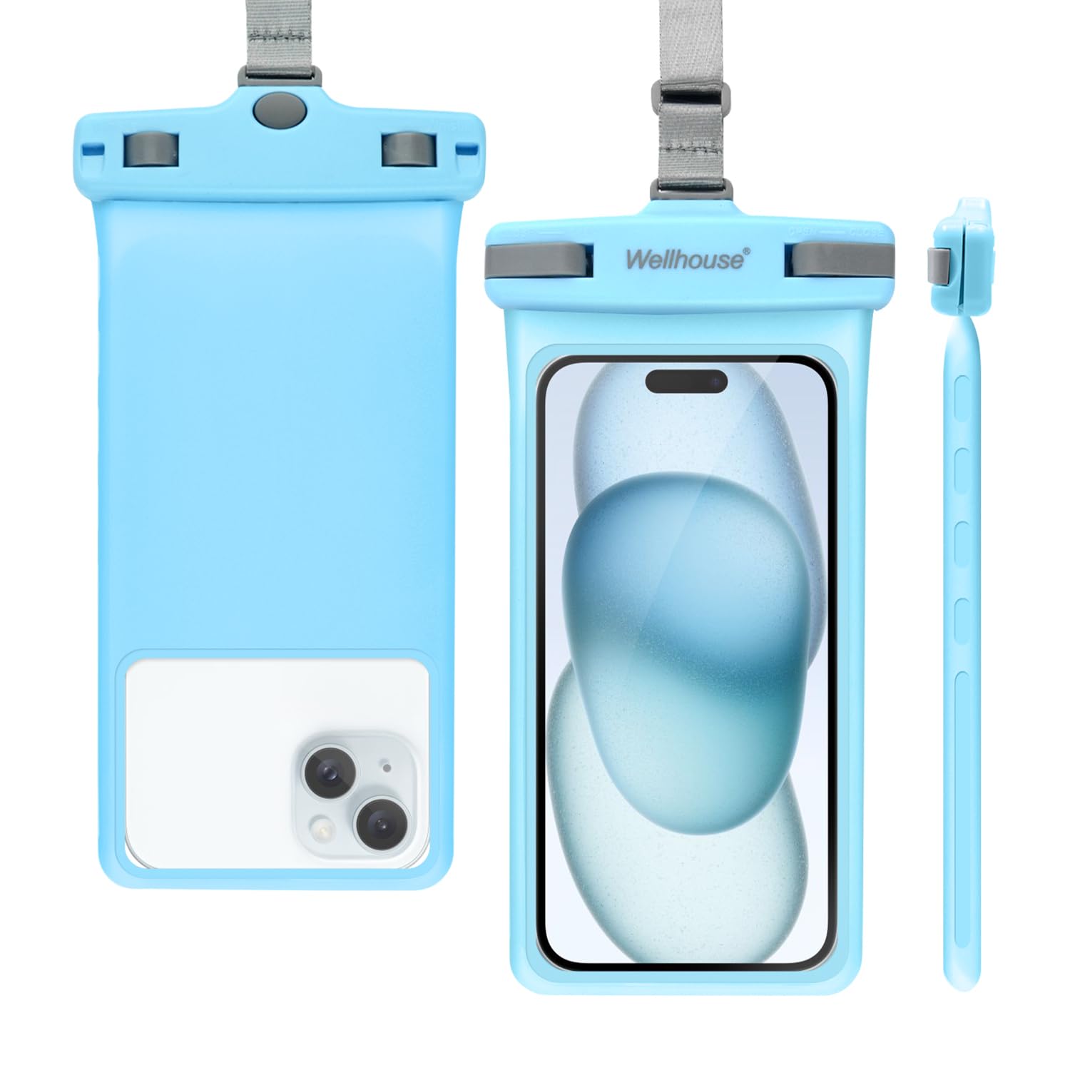 Universal Waterproof Cell Phone Case with Lanyard Cell Phone IP8X Diving Outdoor Beach Floating Underwater Up to 7 Inch Dry Bag 3D Seamless Phone Case for iPhone Light Blue