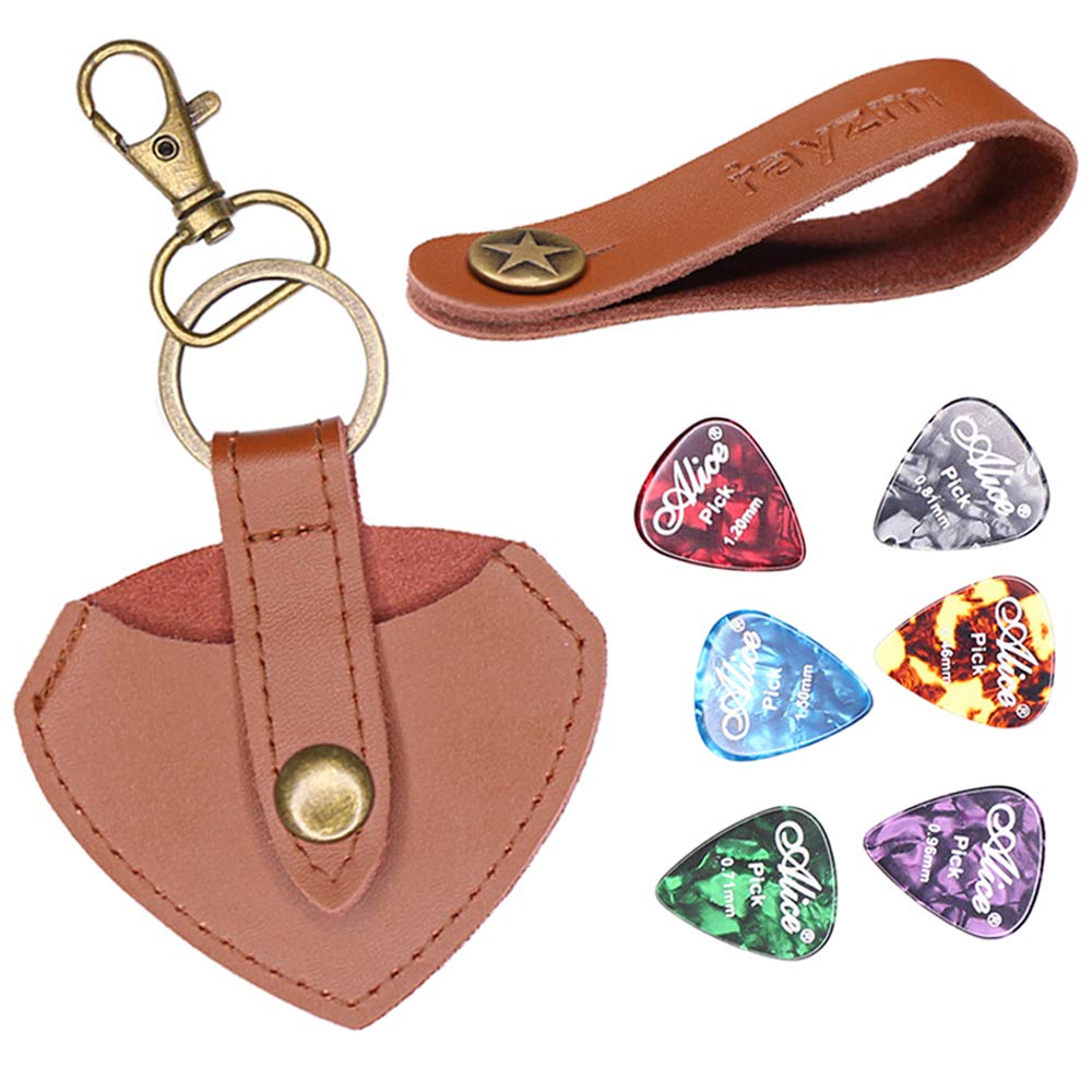 Rayzm Keychain Guitar Picks Holder with 6pcs Picks, Leather Guitar Plectrums Case Bag, Guitar Headstock Strap Button Tie for Acoustic/Electric/Bass Guitars