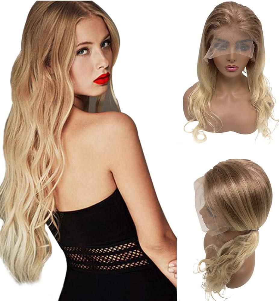 Long Natural Wavy Blonde Wigs Pre Plucked Lace Front Wig Balayage Remy Human Hair Wigs Golden Brown to Blonde Highlights 13x6 Wavy Lace Wig Free Part for Women 24” 150% Denisty