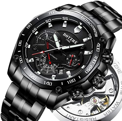 BOYZHE 2018 Mens Mechanical Watch Waterproof Tourbillon Wrist Watch Stainless Steel Leather Sport Military Automatic Watches for Men Relojes de Hombre