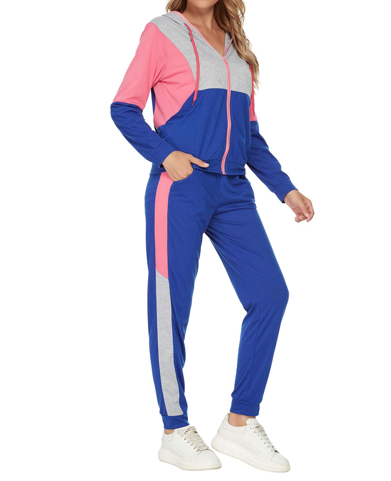 Unifizz Womens Tracksuits Ladies Jogging Hoodie Jacket & Bottom Sportswear Set Contrast Color Block Striped Loungewear Yoga Gym (Medium, 5074_Blue & Hot Pink)