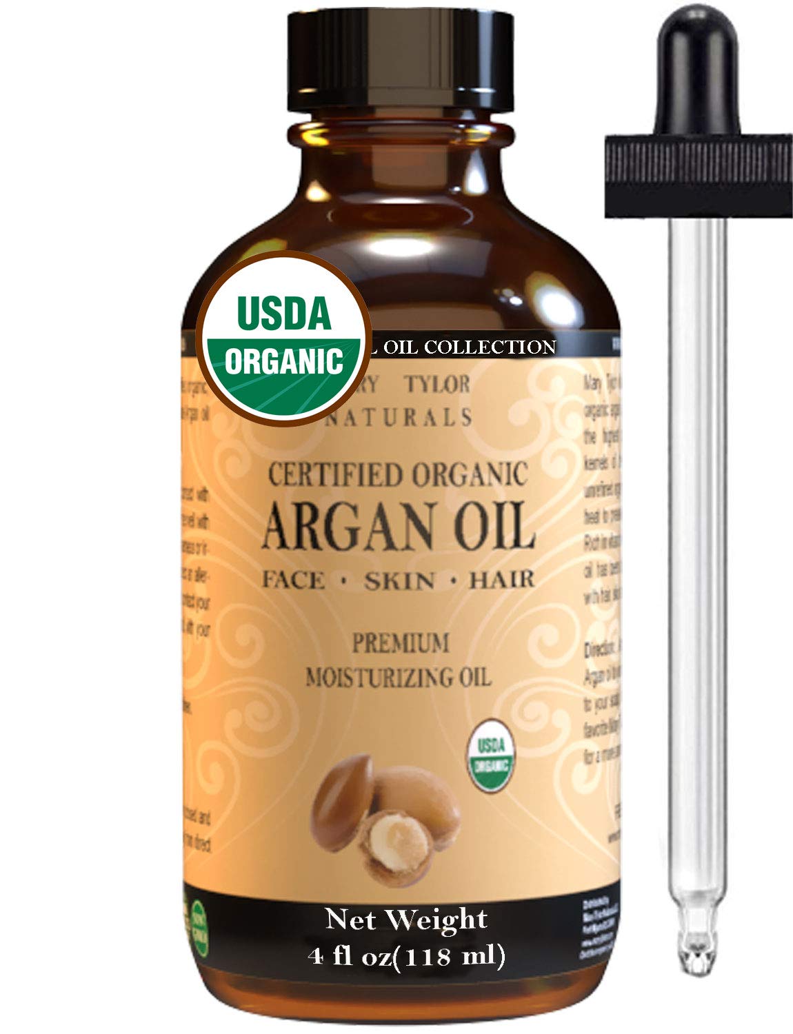 Certified Organic Argan Oil Large 4 oz, Virgin, Cold Pressed, Unrefined 100% Pure by Mary Tylor Naturals. All Natural Anti-Aging Moisturizer Treatment for Face, Skin Hair & Nails