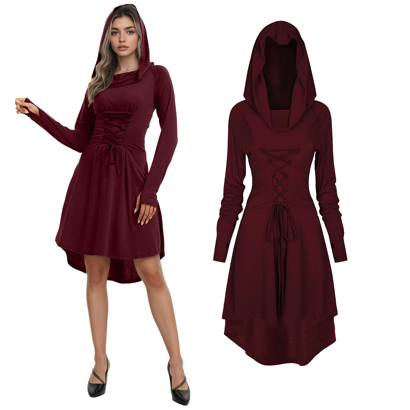 JDFAIJEAL Women Gothic Medieval Dress, Renaissance Hooded Long-Sleeved Retro Costume, Elf Cosplay Halloween Carnival Costume (Burgundy, S)
