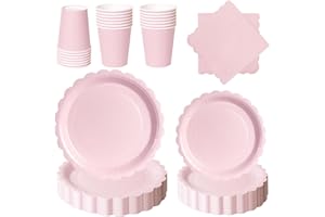 PYAILI 96 Pcs Morandi Pink Party Tableware Set, Paper Plates Cups Napkins, Dinnerware Set for Kids Adult Birthday,Wedding,Bab