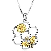 LUHE Bee Necklace 925 Sterling Silver Honeycomb Cute Flower Pendant Necklaces for Women Gifts for Her Women