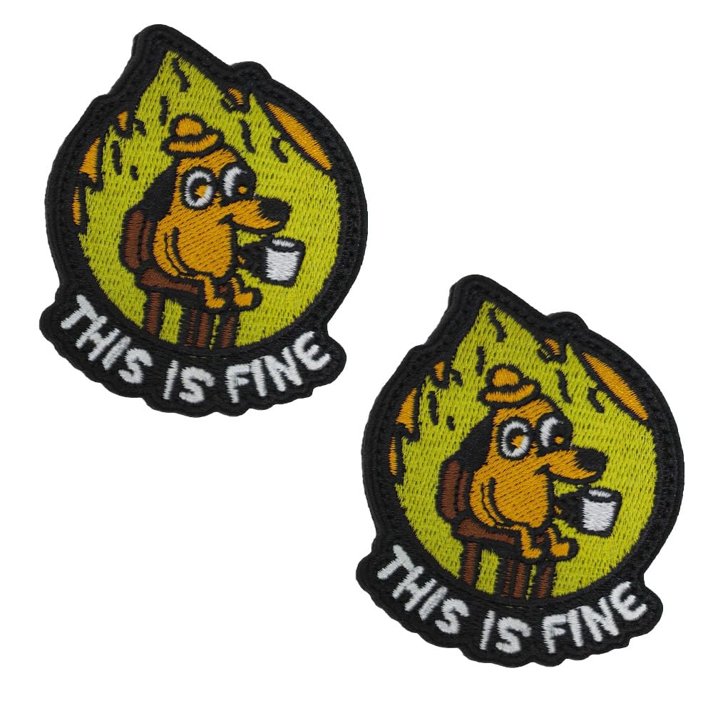 Zcketo 2 Pieces This is Fine Tactical Funny Social Meme Dog Patch Hook & Looped Embroidered Sarcastic Emblem for Tactical Clothes Backpack Uniform Vest Jacket Jeans Coat Shoulder Showing